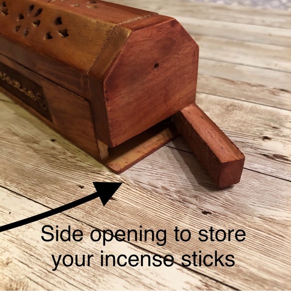 Hand carved wooden incense box, 2 cone/2 stick holder & box of 8 sticks -NWOT - Picture 5 of 16
